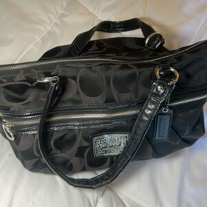 Coach Black Signature Shoulder Bag with Leather Trim